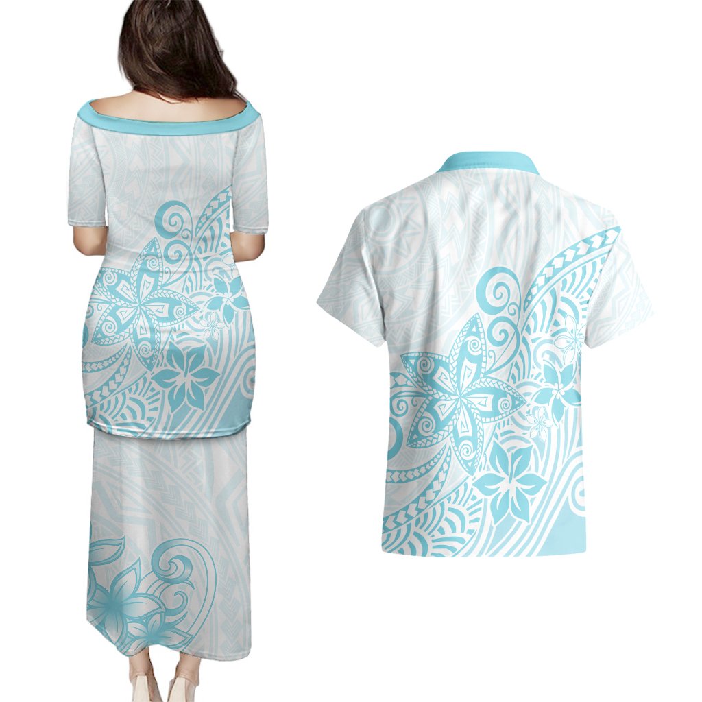 Polynesia Couples Matching Puletasi Dress and Hawaiian Shirt Plumeria Turquoise Curves LT7 - Polynesian Pride