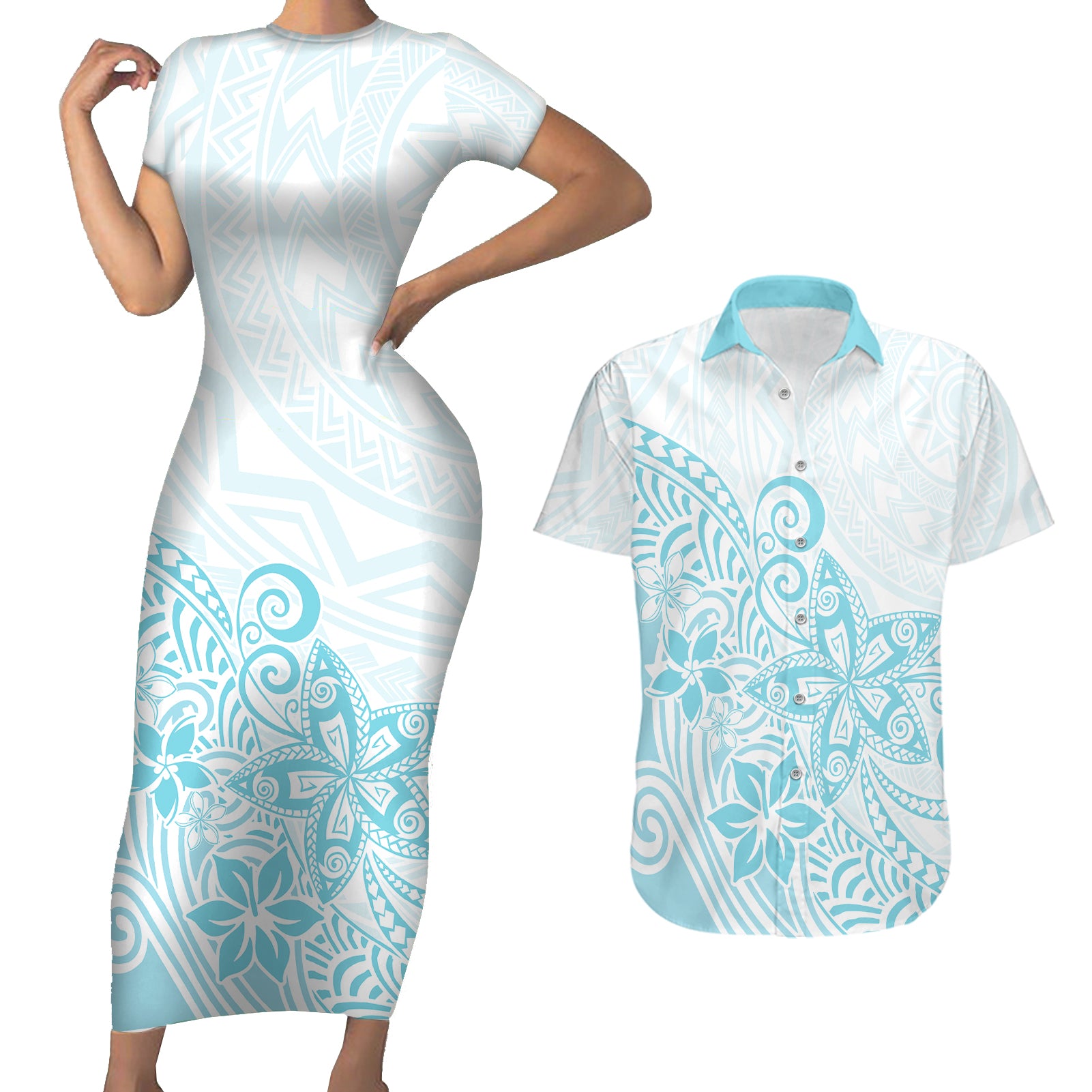 Polynesia Couples Matching Short Sleeve Bodycon Dress and Hawaiian Shirt Plumeria Turquoise Curves LT7 Turquoise - Polynesian Pride