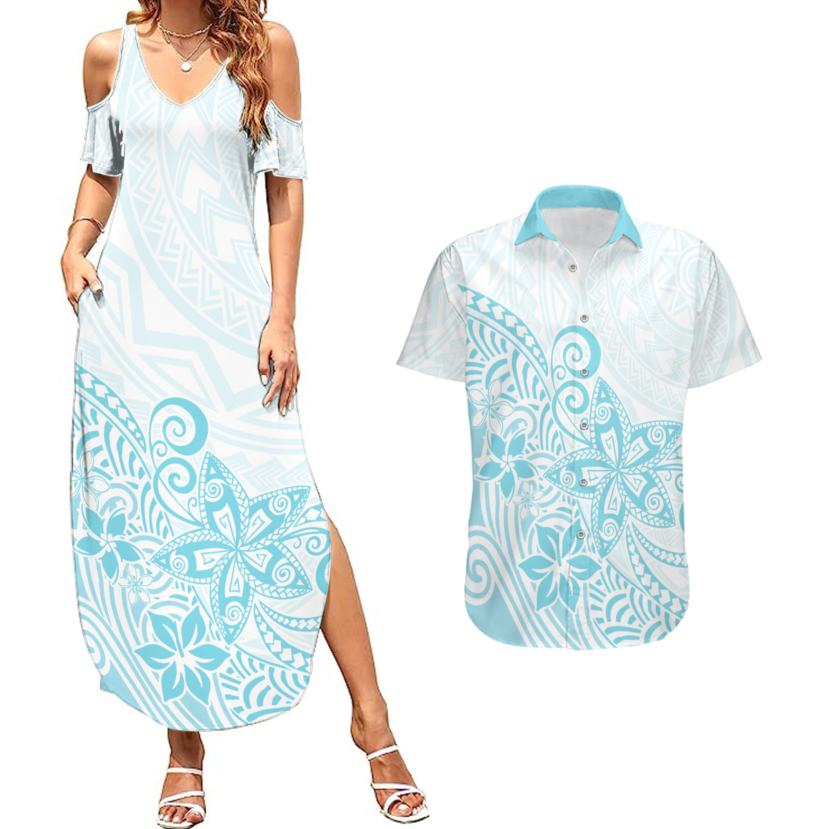 Polynesia Couples Matching Summer Maxi Dress and Hawaiian Shirt Plumeria Turquoise Curves LT7 Turquoise - Polynesian Pride