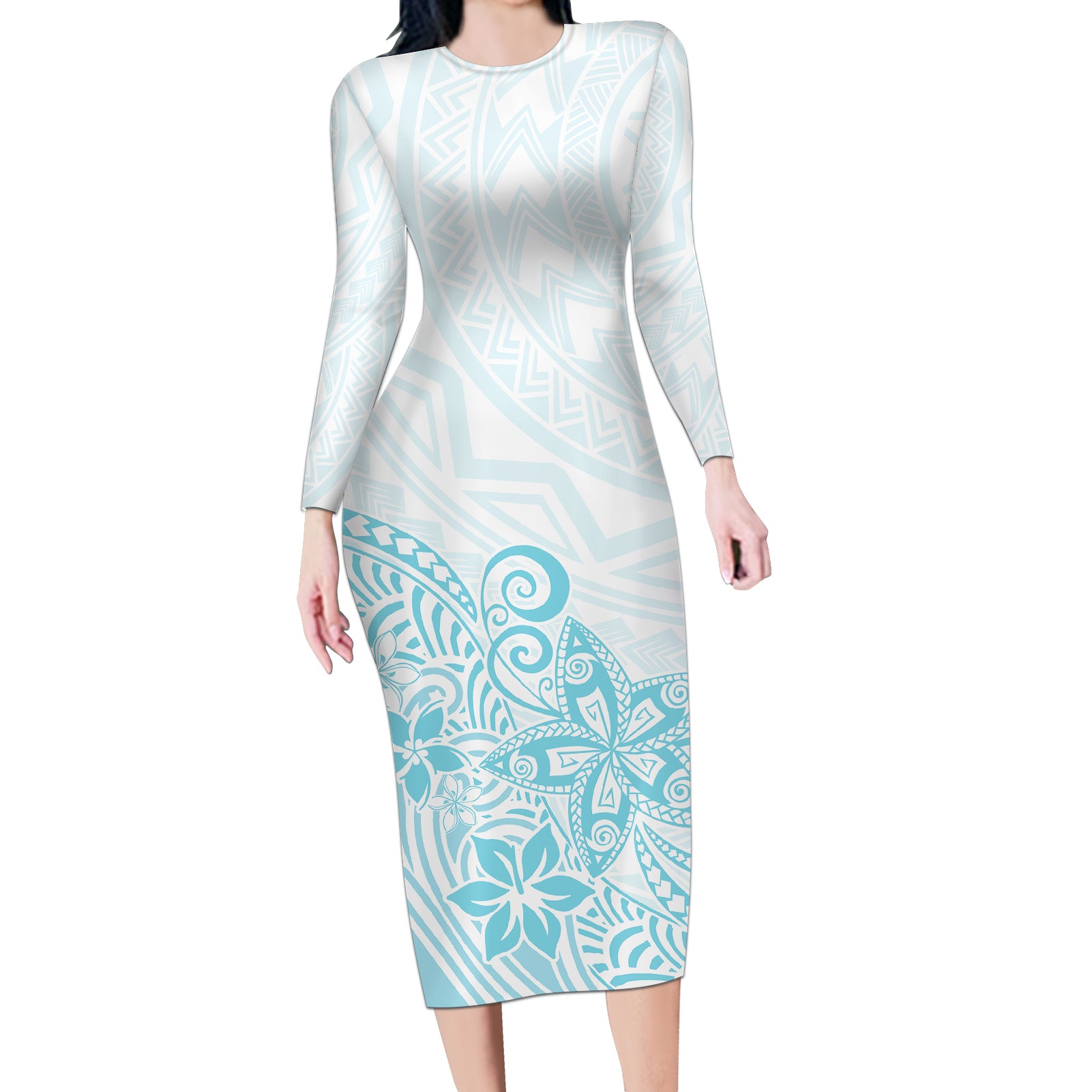 Polynesia Long Sleeve Bodycon Dress Plumeria Turquoise Curves LT7 Long Dress Turquoise - Polynesian Pride