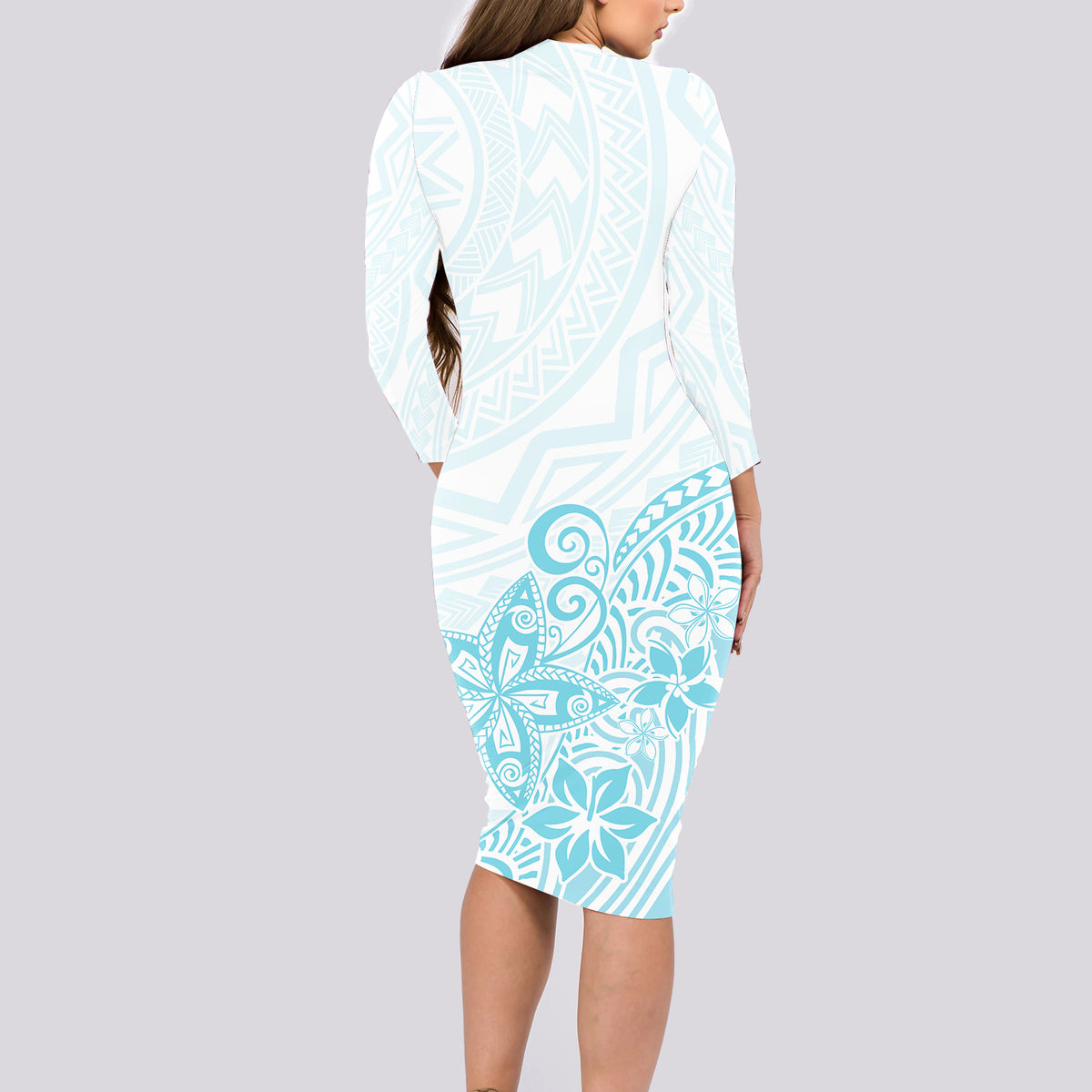 Polynesia Long Sleeve Bodycon Dress Plumeria Turquoise Curves LT7 - Polynesian Pride
