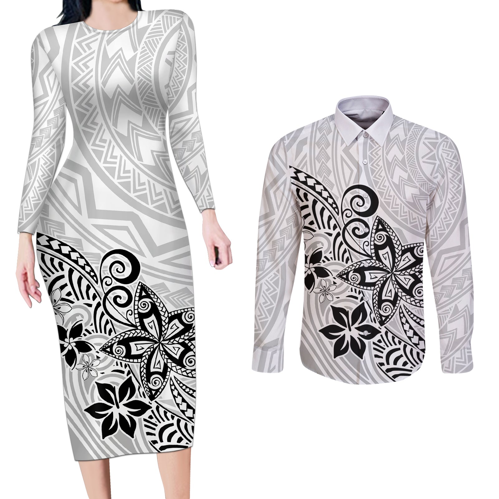 Polynesia Couples Matching Long Sleeve Bodycon Dress and Long Sleeve Button Shirts Plumeria White Curves LT7 White - Polynesian Pride