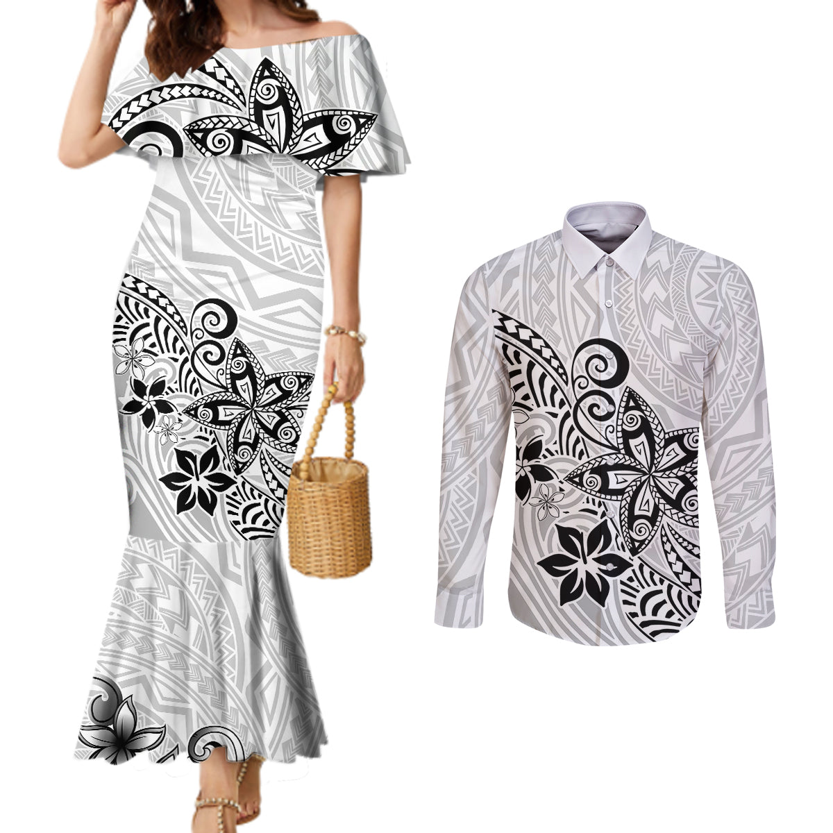 Polynesia Couples Matching Mermaid Dress and Long Sleeve Button Shirts Plumeria White Curves LT7 White - Polynesian Pride