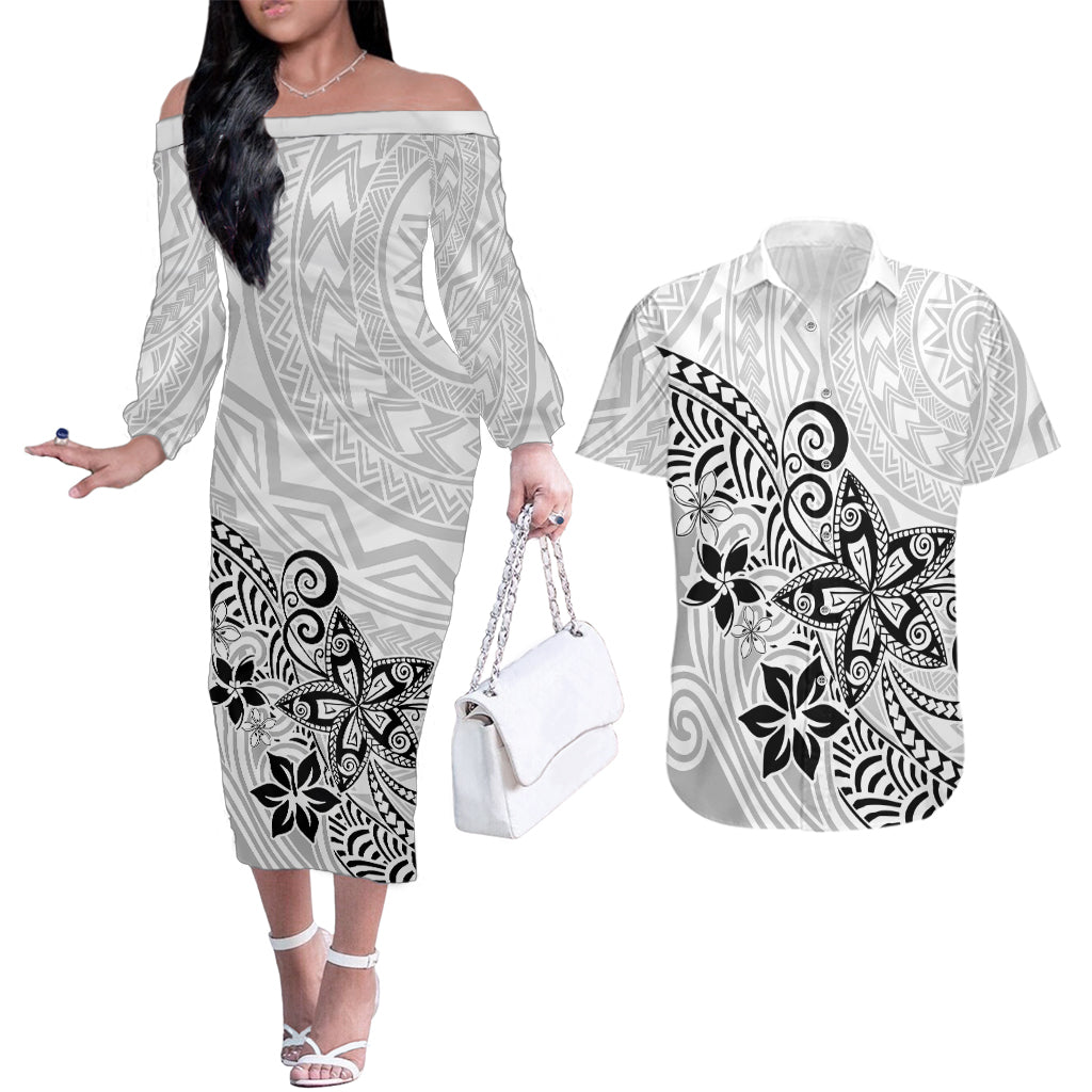 Polynesia Couples Matching Off The Shoulder Long Sleeve Dress and Hawaiian Shirt Plumeria White Curves LT7 White - Polynesian Pride