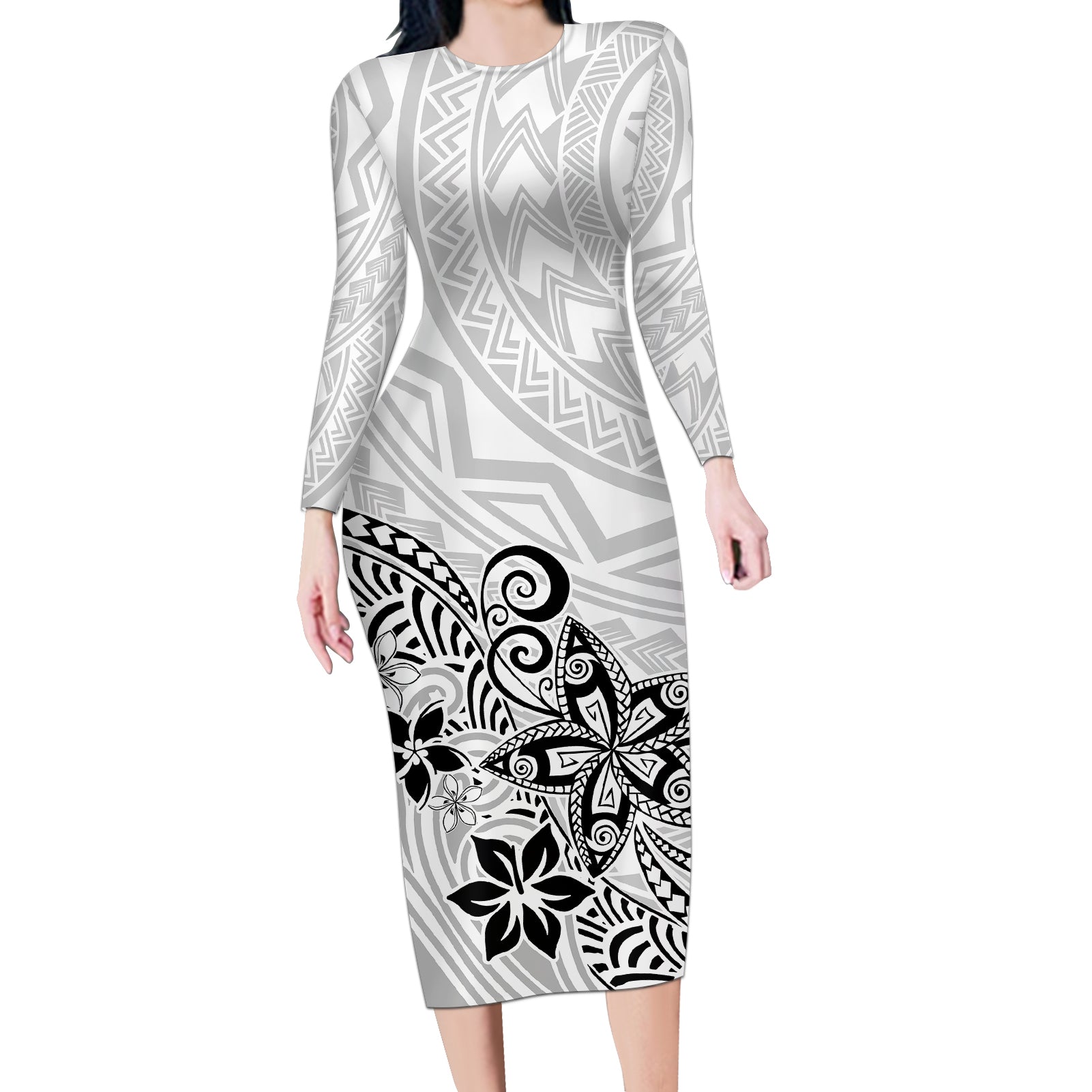 Polynesia Long Sleeve Bodycon Dress Plumeria White Curves LT7 Long Dress White - Polynesian Pride