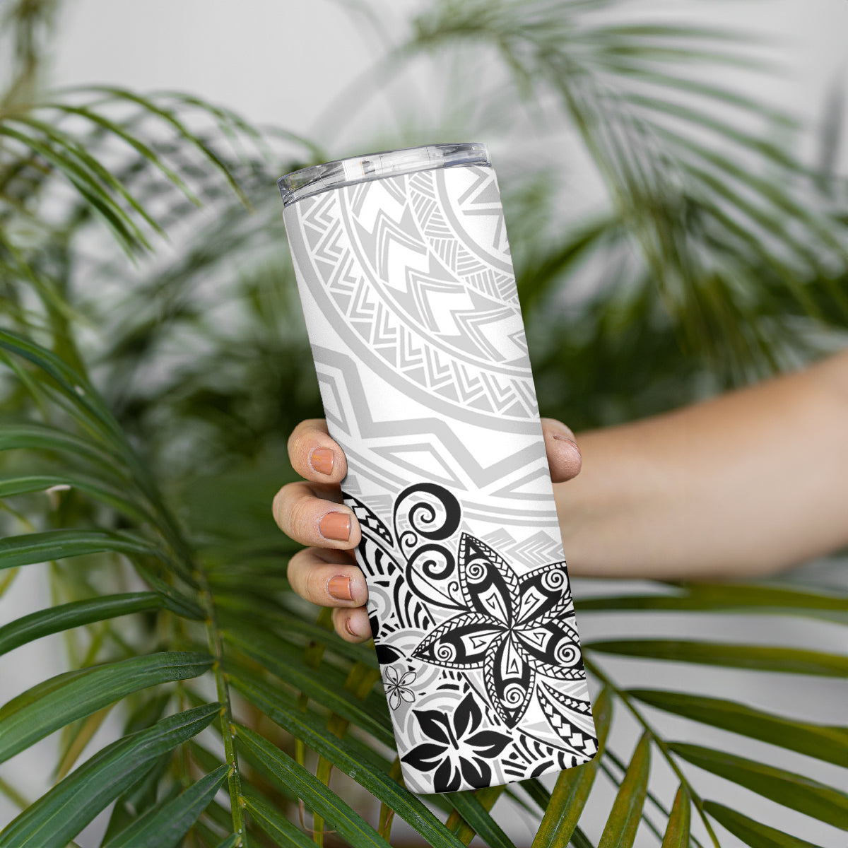 Polynesia Skinny Tumbler Plumeria White Curves