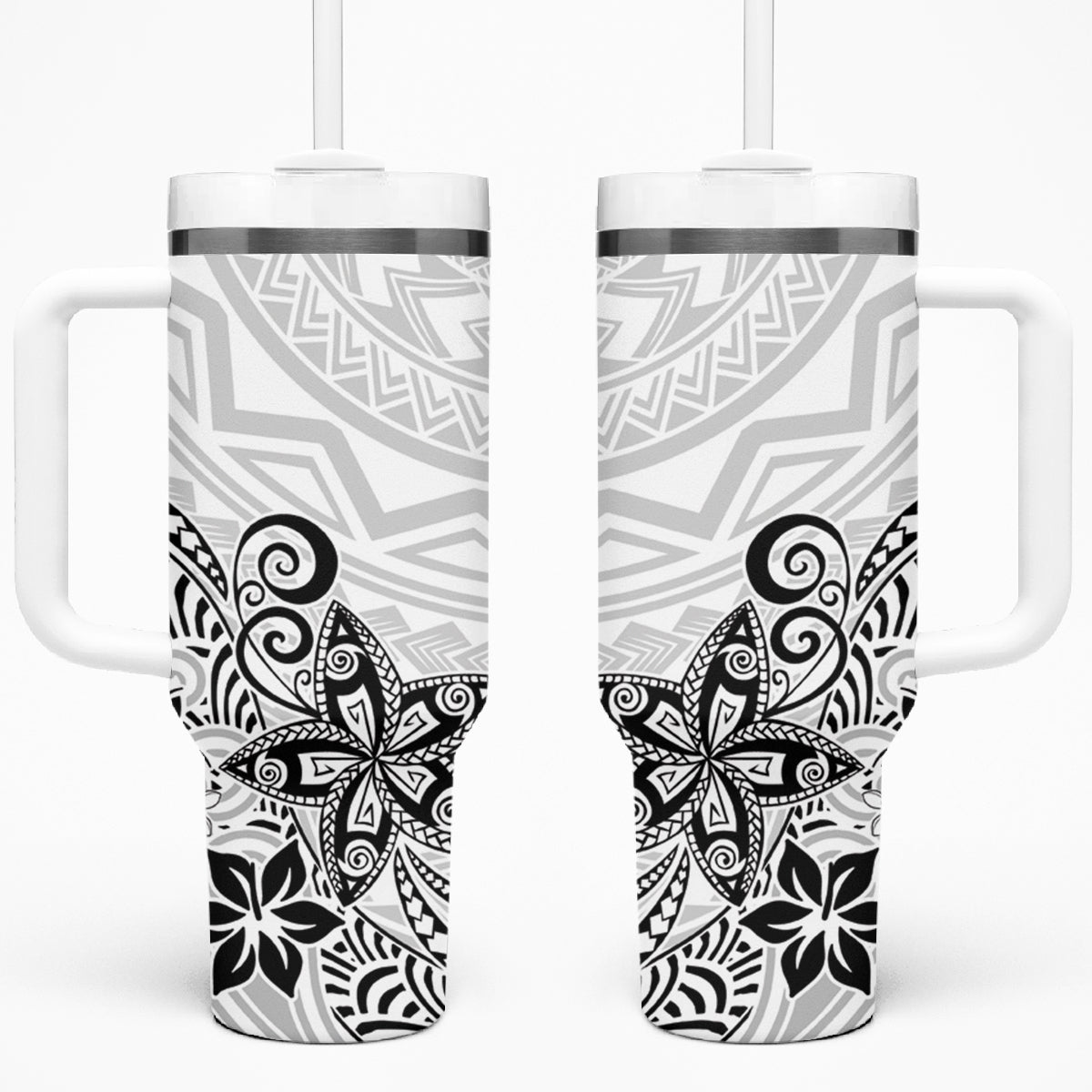 Polynesia Tumbler With Handle Plumeria White Curves