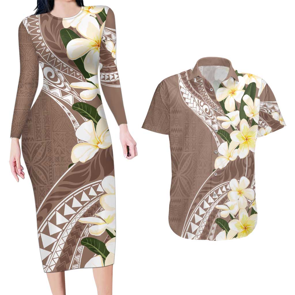 Aloha Hawaii Festive Couples Matching Long Sleeve Bodycon Dress and Hawaiian Shirt Frangipani Lace Classic - Beige LT7 Beige - Polynesian Pride