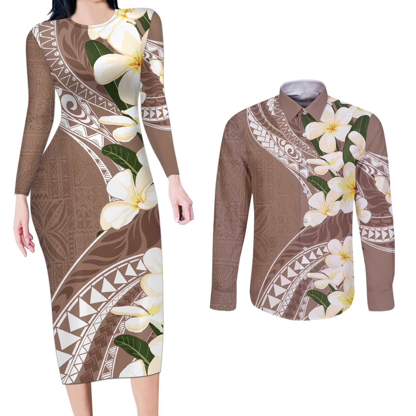 Aloha Hawaii Festive Couples Matching Long Sleeve Bodycon Dress and Long Sleeve Button Shirt Frangipani Lace Classic - Beige