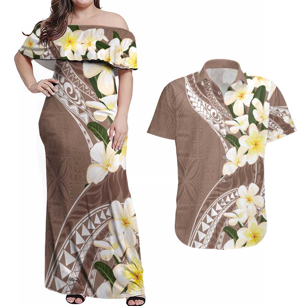 Aloha Hawaii Festive Couples Matching Off Shoulder Maxi Dress and Hawaiian Shirt Frangipani Lace Classic - Beige