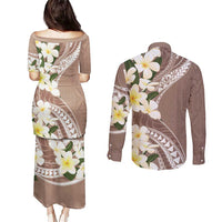 Aloha Hawaii Festive Couples Matching Puletasi and Long Sleeve Button Shirt Frangipani Lace Classic - Beige LT7 - Polynesian Pride