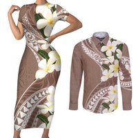 Aloha Hawaii Festive Couples Matching Short Sleeve Bodycon Dress and Long Sleeve Button Shirt Frangipani Lace Classic - Beige