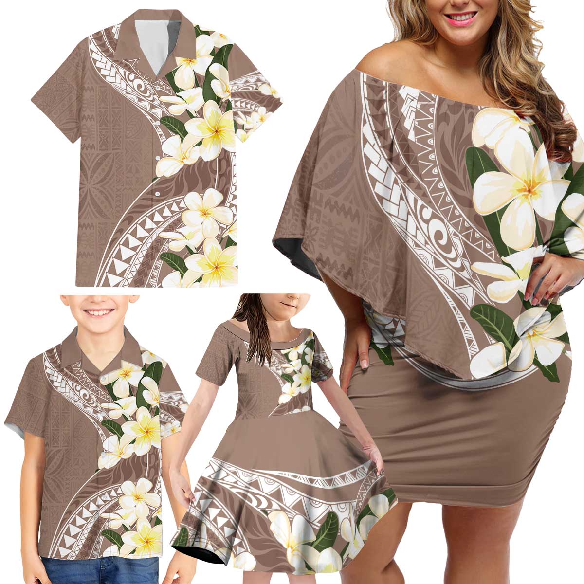 Aloha Hawaii Festive Family Matching Off Shoulder Short Dress and Hawaiian Shirt Frangipani Lace Classic - Beige LT7 - Polynesian Pride