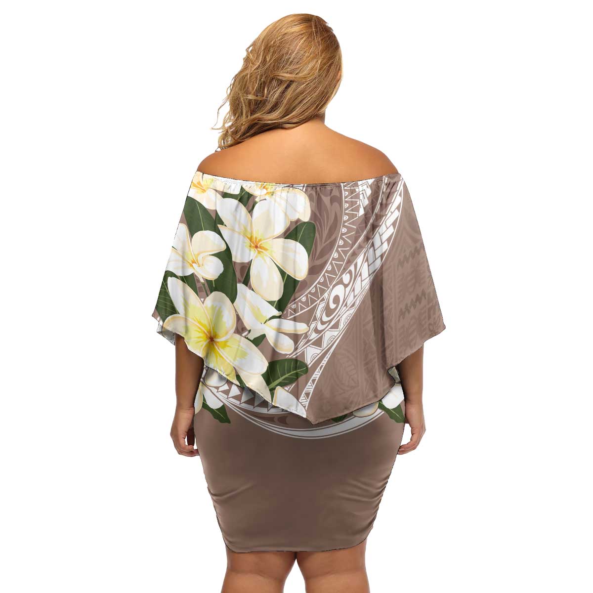 Aloha Hawaii Festive Family Matching Off Shoulder Short Dress and Hawaiian Shirt Frangipani Lace Classic - Beige