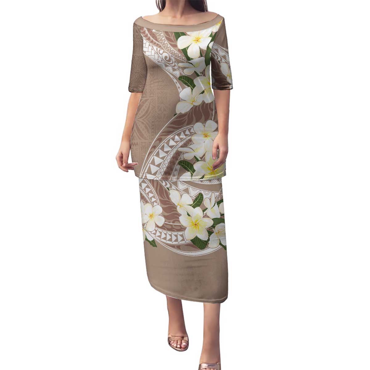 Aloha Hawaii Festive Family Matching Puletasi and Hawaiian Shirt Frangipani Lace Classic - Beige
