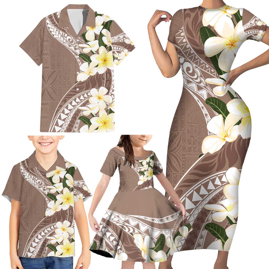 Aloha Hawaii Festive Family Matching Short Sleeve Bodycon Dress and Hawaiian Shirt Frangipani Lace Classic - Beige