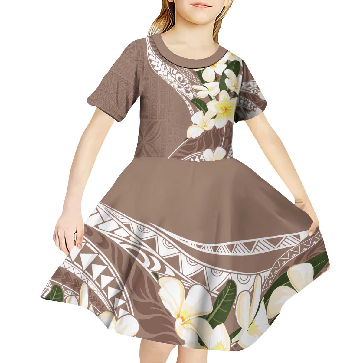Aloha Hawaii Festive Kid Short Sleeve Dress Frangipani Lace Classic - Beige