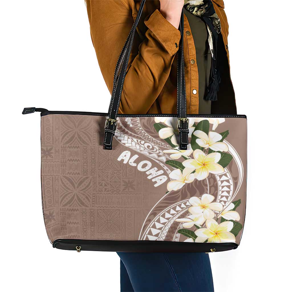 Aloha Hawaii Festive Leather Tote Bag Frangipani Lace Classic - Beige LT7 - Polynesian Pride