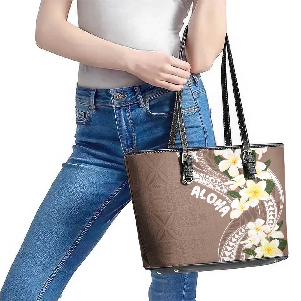 Aloha Hawaii Festive Leather Tote Bag Frangipani Lace Classic - Beige LT7 - Polynesian Pride