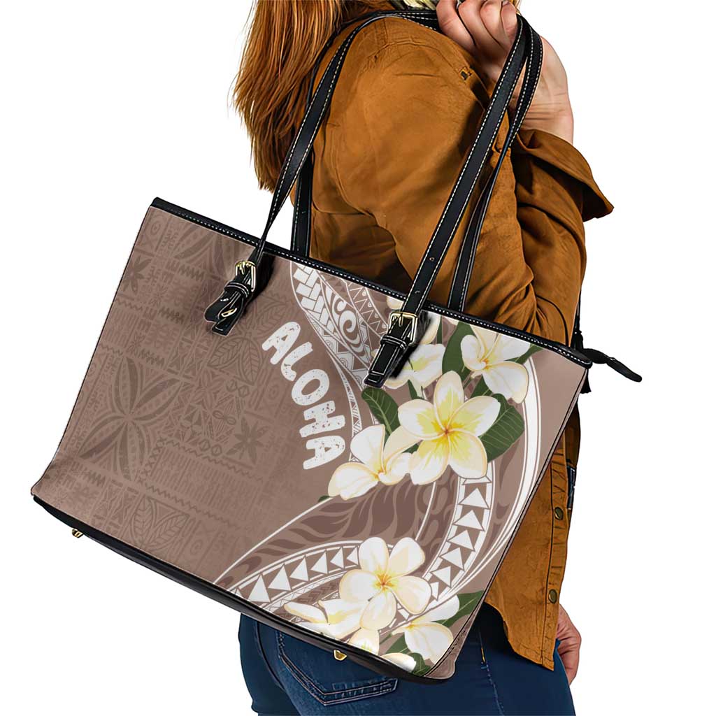 Aloha Hawaii Festive Leather Tote Bag Frangipani Lace Classic - Beige LT7 - Polynesian Pride