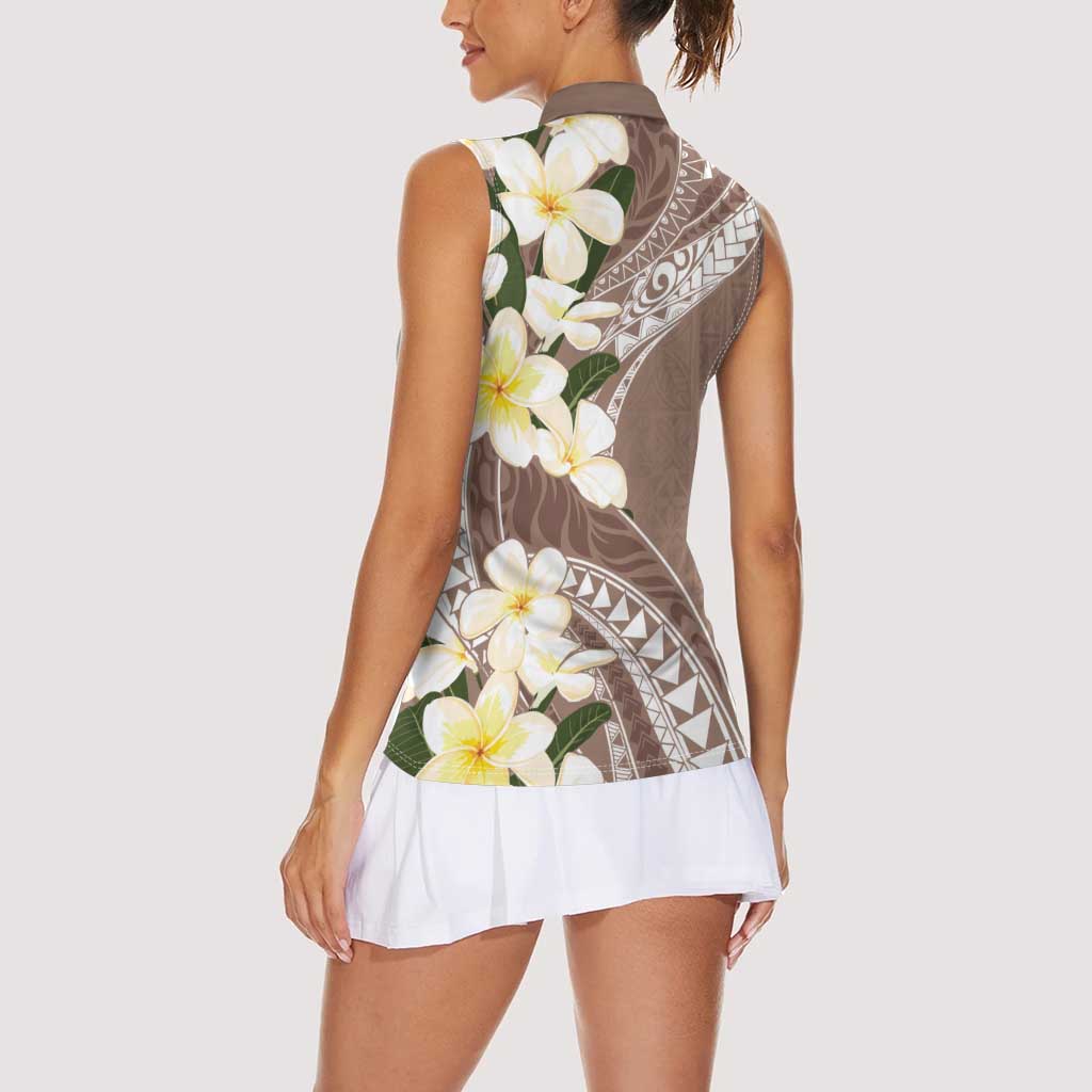 Aloha Hawaii Festive Women Sleeveless Polo Shirt Frangipani Lace Classic - Beige