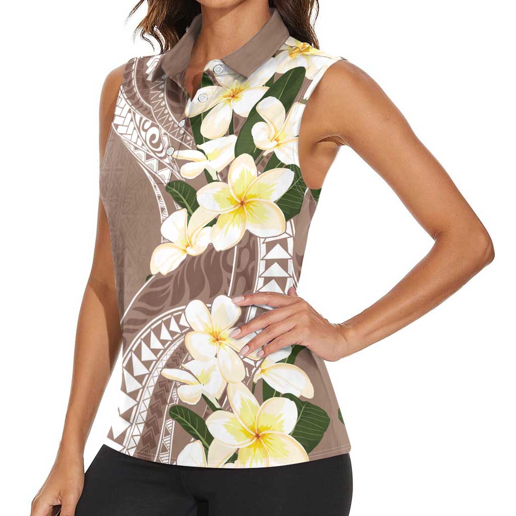 Aloha Hawaii Festive Women Sleeveless Polo Shirt Frangipani Lace Classic - Beige