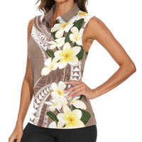 Aloha Hawaii Festive Women Sleeveless Polo Shirt Frangipani Lace Classic - Beige