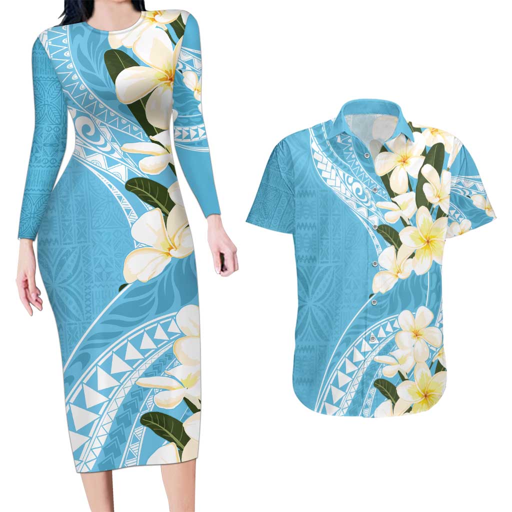 Aloha Hawaii Festive Couples Matching Long Sleeve Bodycon Dress and Hawaiian Shirt Frangipani Lace Classic - Turquoise