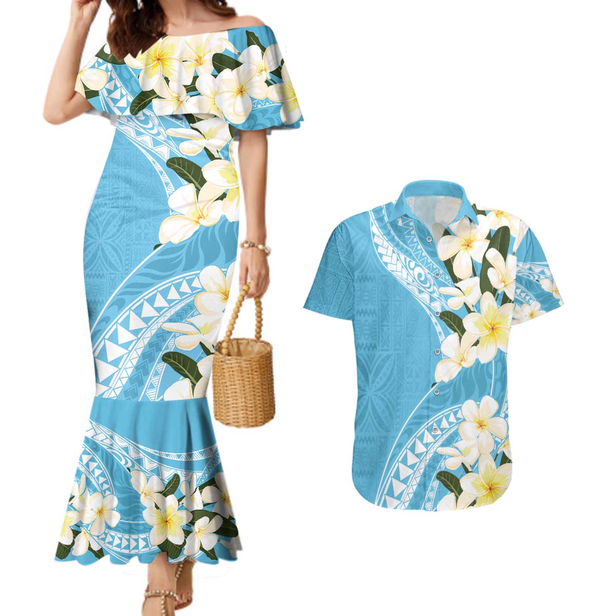 Aloha Hawaii Festive Couples Matching Mermaid Dress and Hawaiian Shirt Frangipani Lace Classic - Turquoise