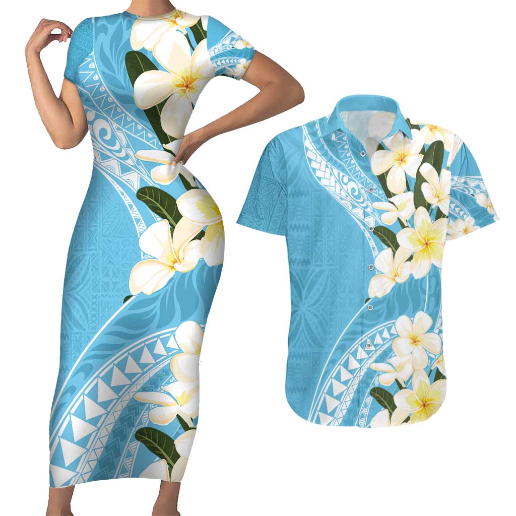 Aloha Hawaii Festive Couples Matching Short Sleeve Bodycon Dress and Hawaiian Shirt Frangipani Lace Classic - Turquoise LT7 Turquoise - Polynesian Pride