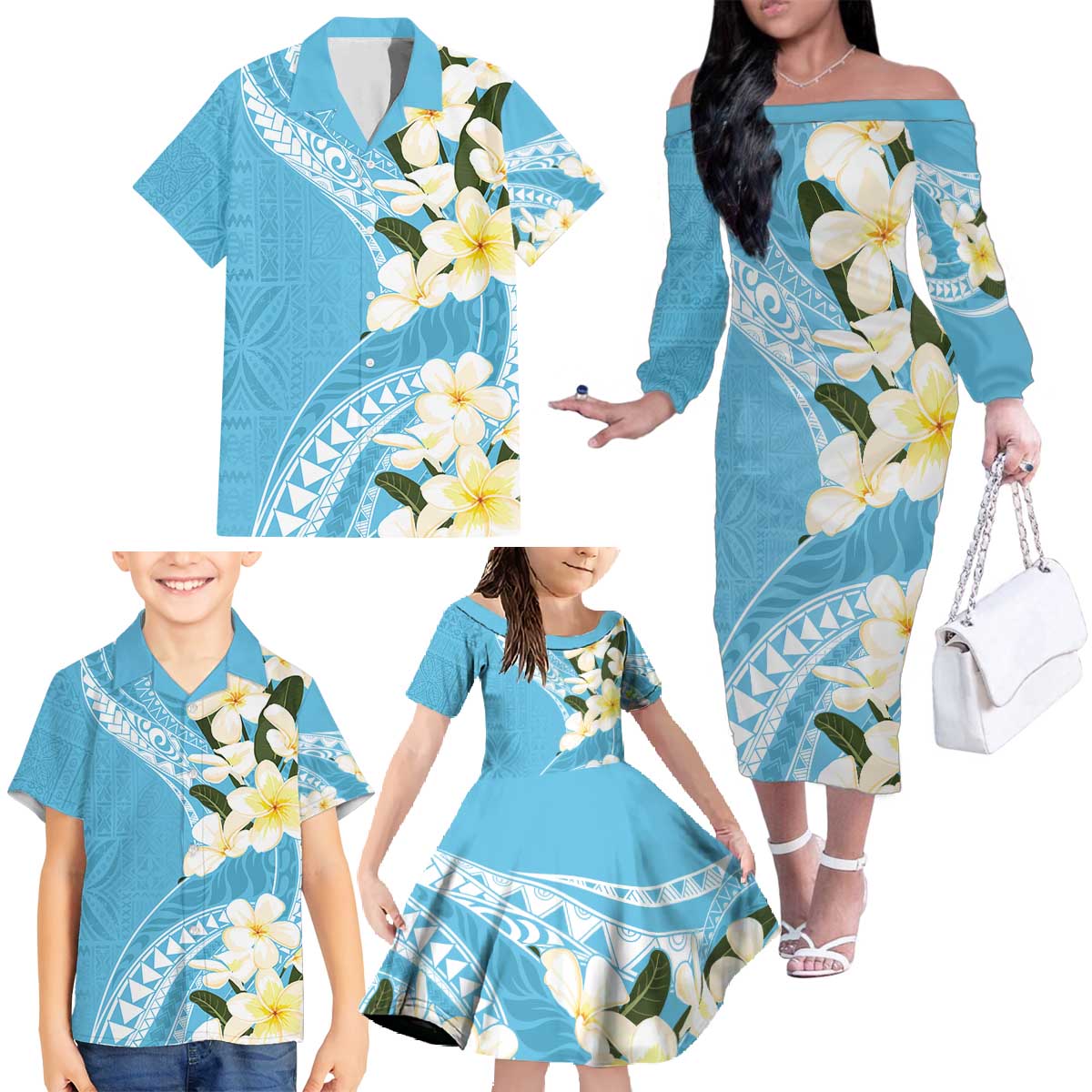 Aloha Hawaii Festive Family Matching Off The Shoulder Long Sleeve Dress and Hawaiian Shirt Frangipani Lace Classic - Turquoise