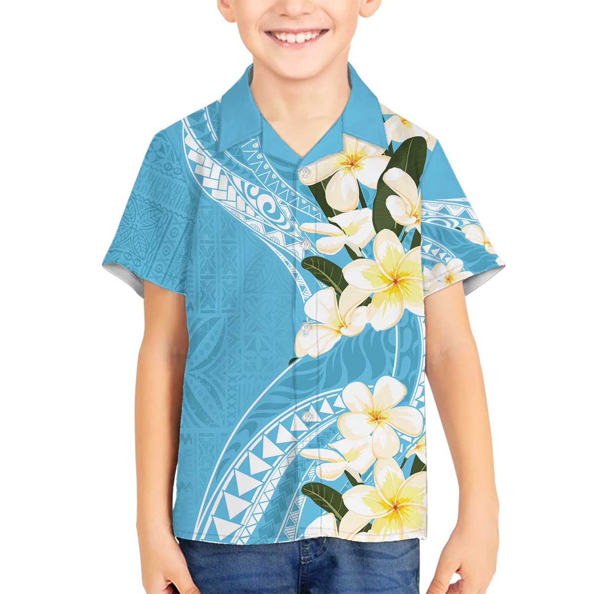 Aloha Hawaii Festive Family Matching Off Shoulder Short Dress and Hawaiian Shirt Frangipani Lace Classic - Turquoise