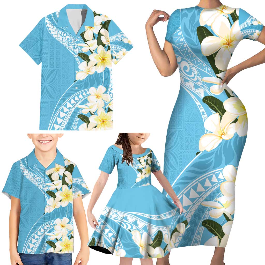 Aloha Hawaii Festive Family Matching Short Sleeve Bodycon Dress and Hawaiian Shirt Frangipani Lace Classic - Turquoise