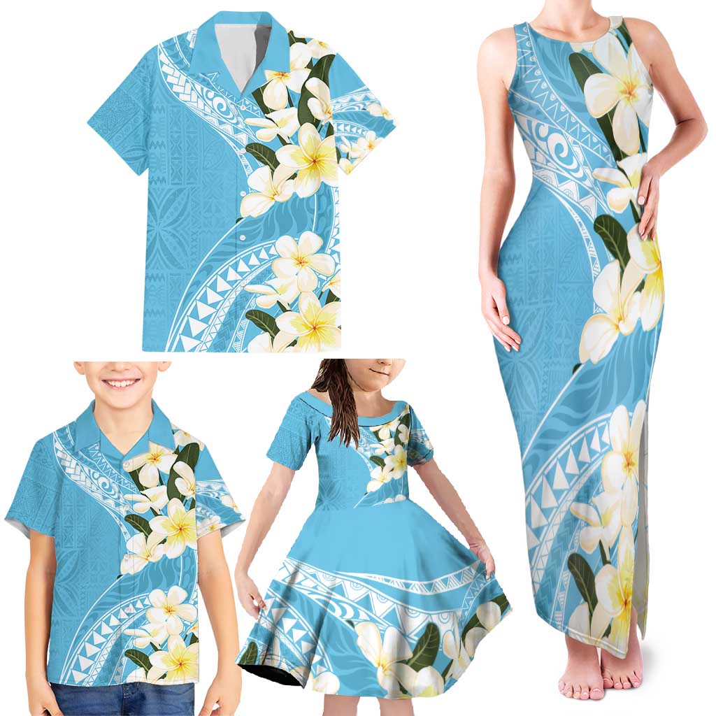 Aloha Hawaii Festive Family Matching Tank Maxi Dress and Hawaiian Shirt Frangipani Lace Classic - Turquoise LT7 - Polynesian Pride