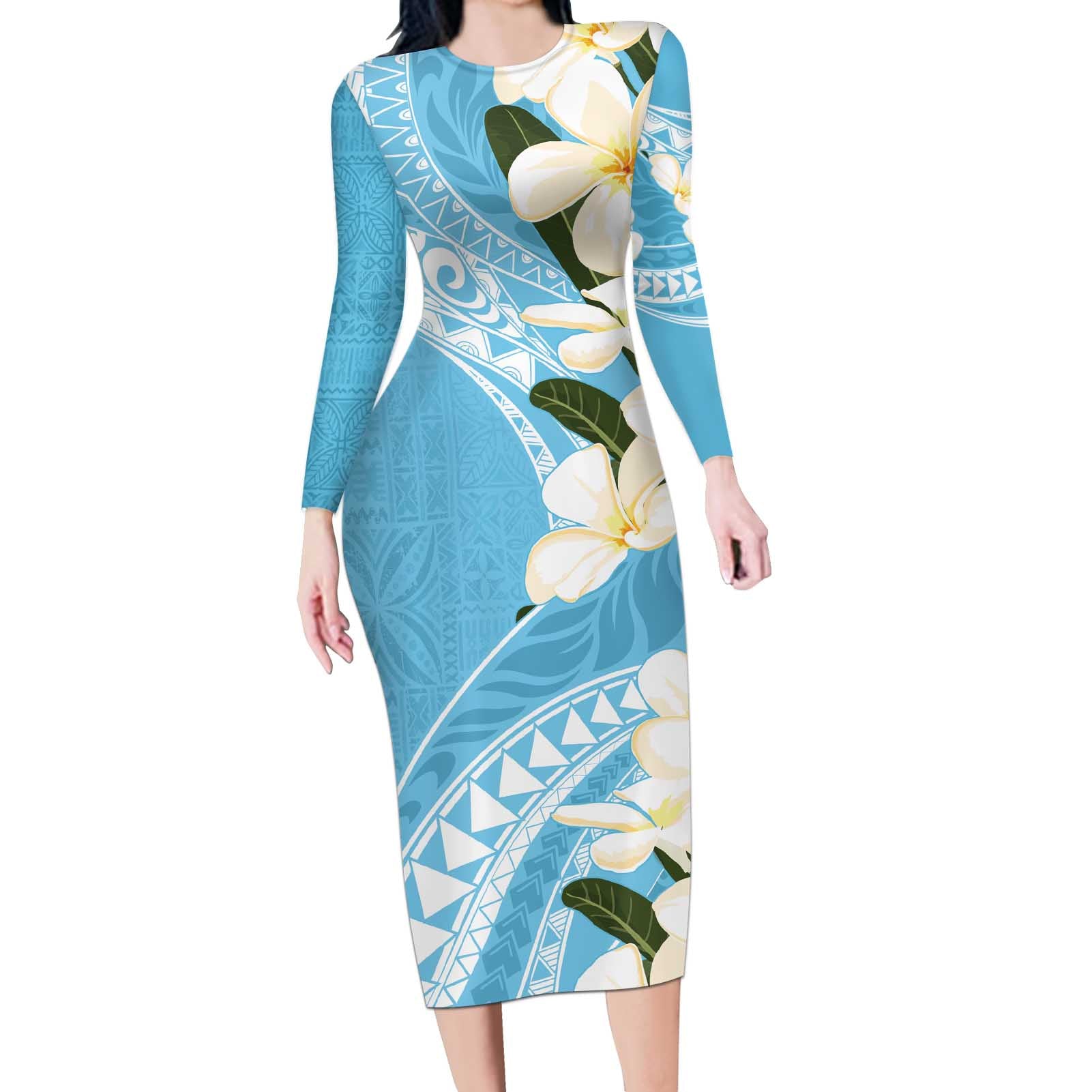 Aloha Hawaii Festive Long Sleeve Bodycon Dress Frangipani Lace Classic - Turquoise