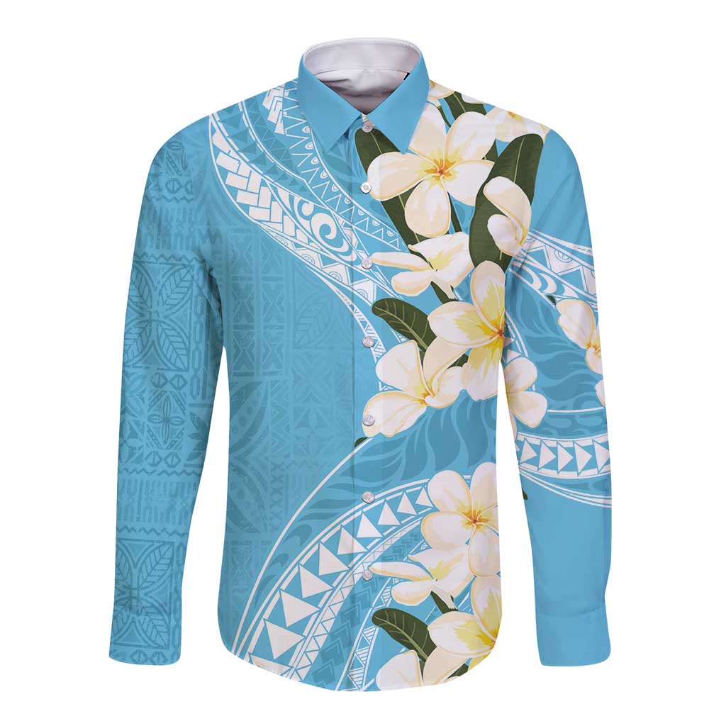 Aloha Hawaii Festive Long Sleeve Button Shirt Frangipani Lace Classic - Turquoise