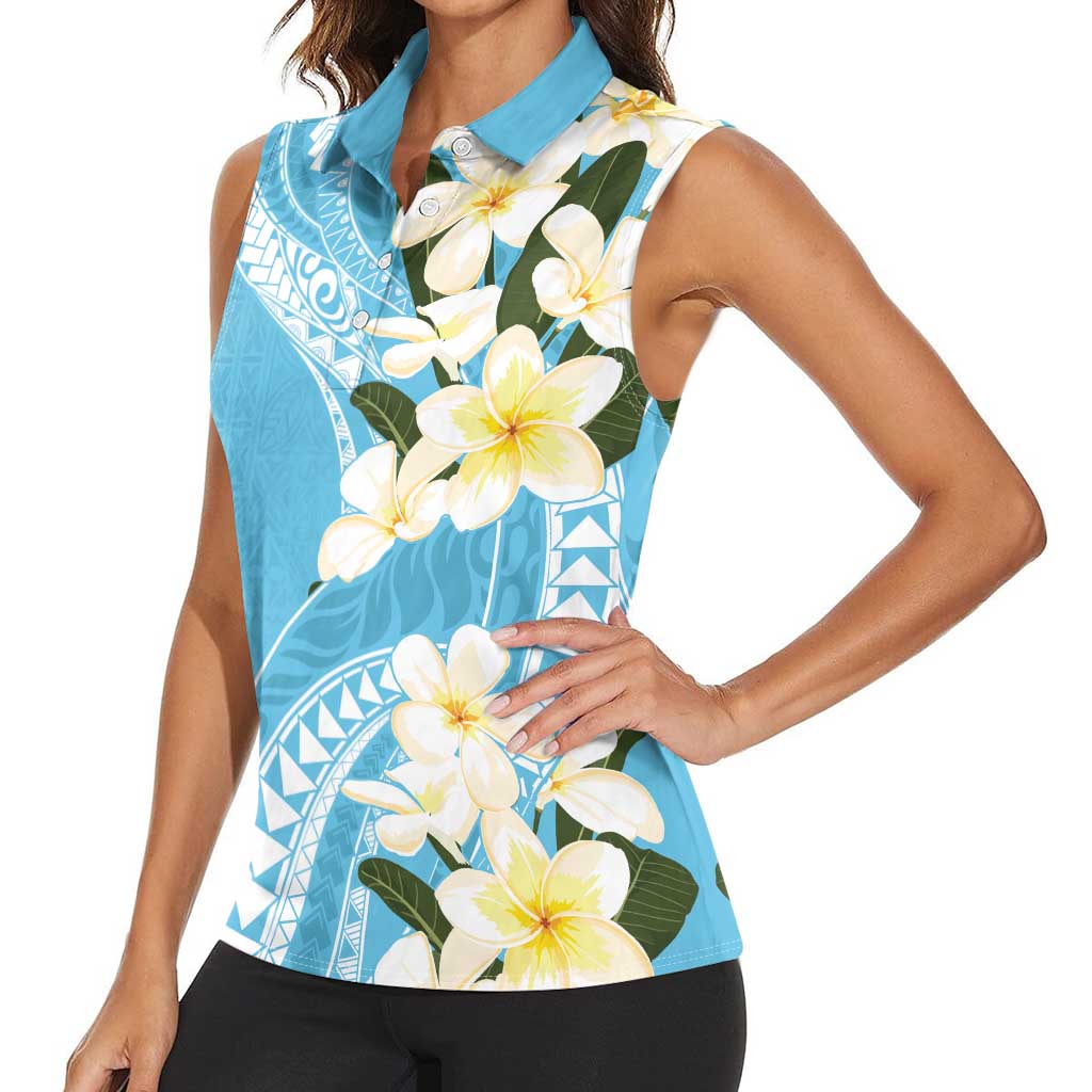 Aloha Hawaii Festive Women Sleeveless Polo Shirt Frangipani Lace Classic - Turquoise
