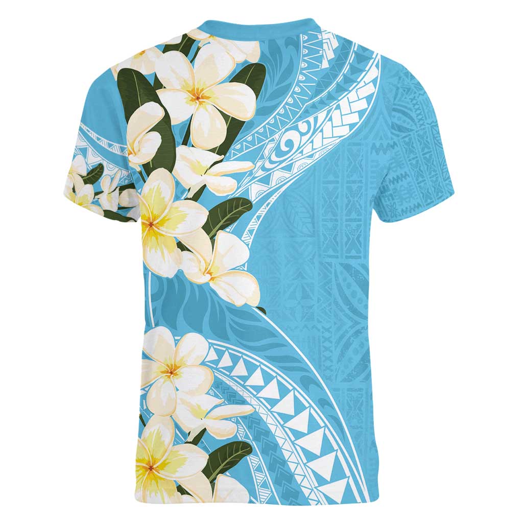 Aloha Hawaii Festive Women V-Neck T-Shirt Frangipani Lace Classic - Turquoise