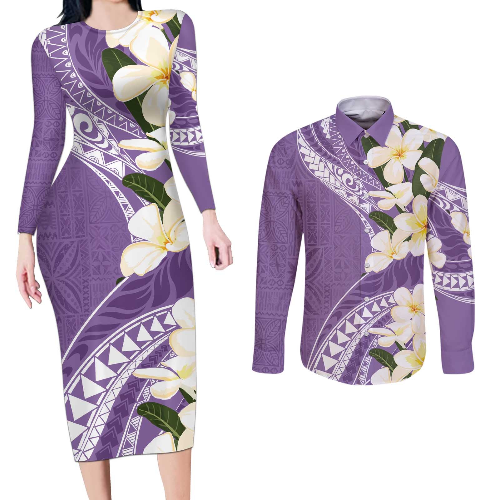 Aloha Hawaii Festive Couples Matching Long Sleeve Bodycon Dress and Long Sleeve Button Shirt Frangipani Lace Classic - Lavender