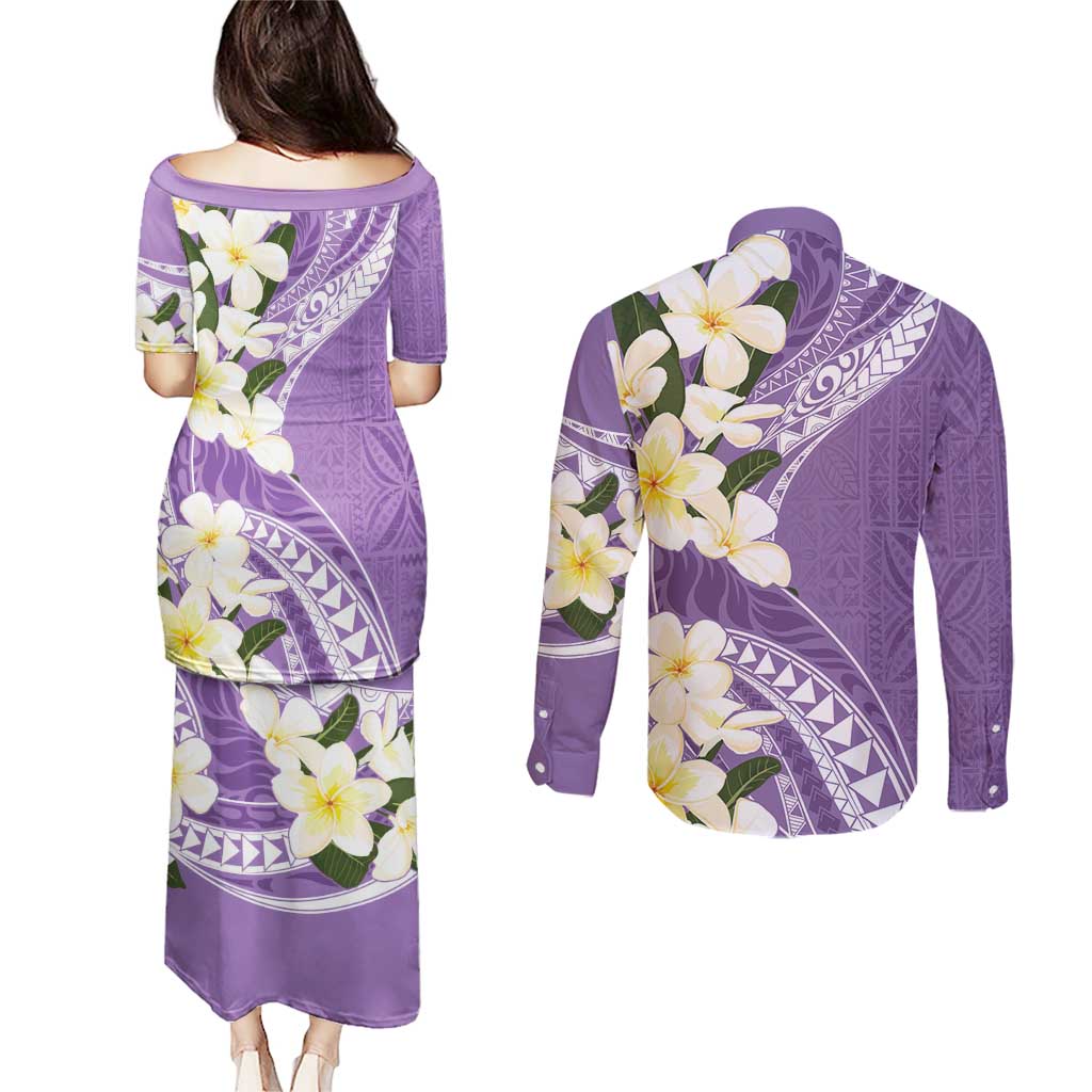 Aloha Hawaii Festive Couples Matching Puletasi and Long Sleeve Button Shirt Frangipani Lace Classic - Lavender LT7 - Polynesian Pride