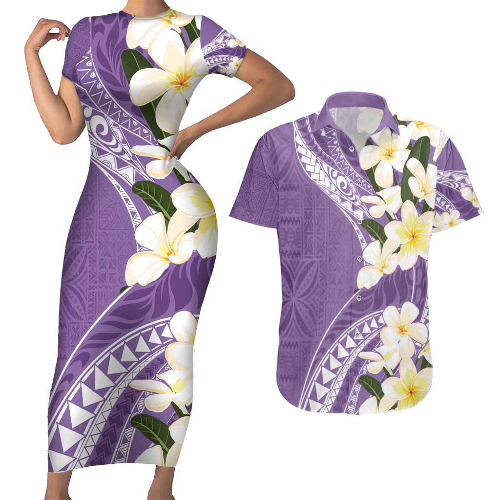 Aloha Hawaii Festive Couples Matching Short Sleeve Bodycon Dress and Hawaiian Shirt Frangipani Lace Classic - Lavender