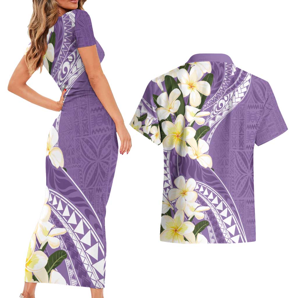 Aloha Hawaii Festive Couples Matching Short Sleeve Bodycon Dress and Hawaiian Shirt Frangipani Lace Classic - Lavender LT7