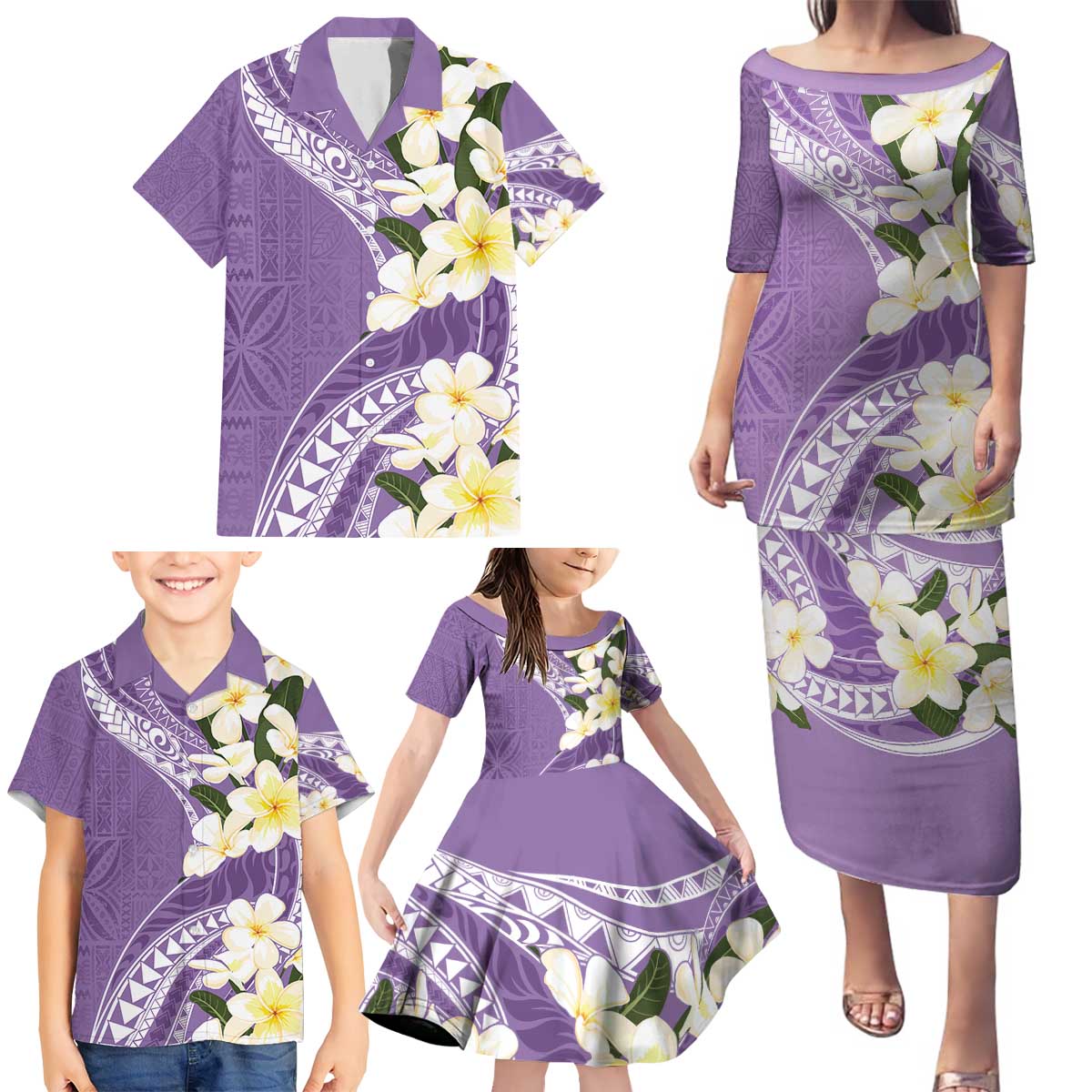 Aloha Hawaii Festive Family Matching Puletasi and Hawaiian Shirt Frangipani Lace Classic - Lavender