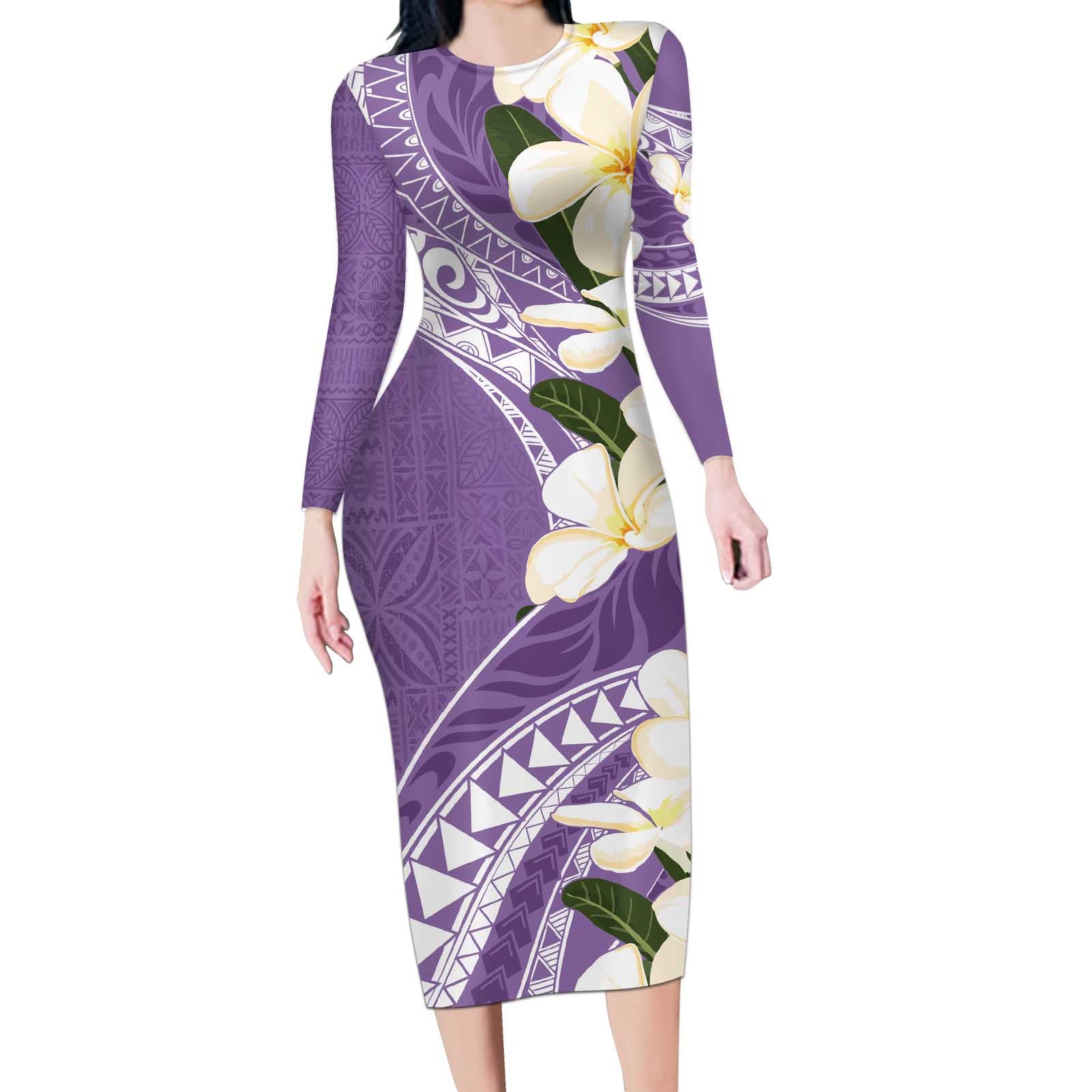 Aloha Hawaii Festive Long Sleeve Bodycon Dress Frangipani Lace Classic - Lavender