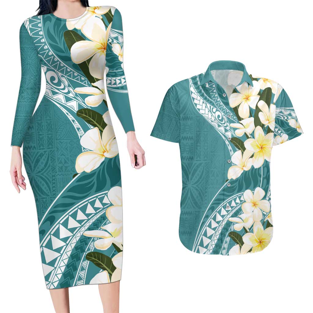 Aloha Hawaii Festive Couples Matching Long Sleeve Bodycon Dress and Hawaiian Shirt Frangipani Lace Classic - Teal