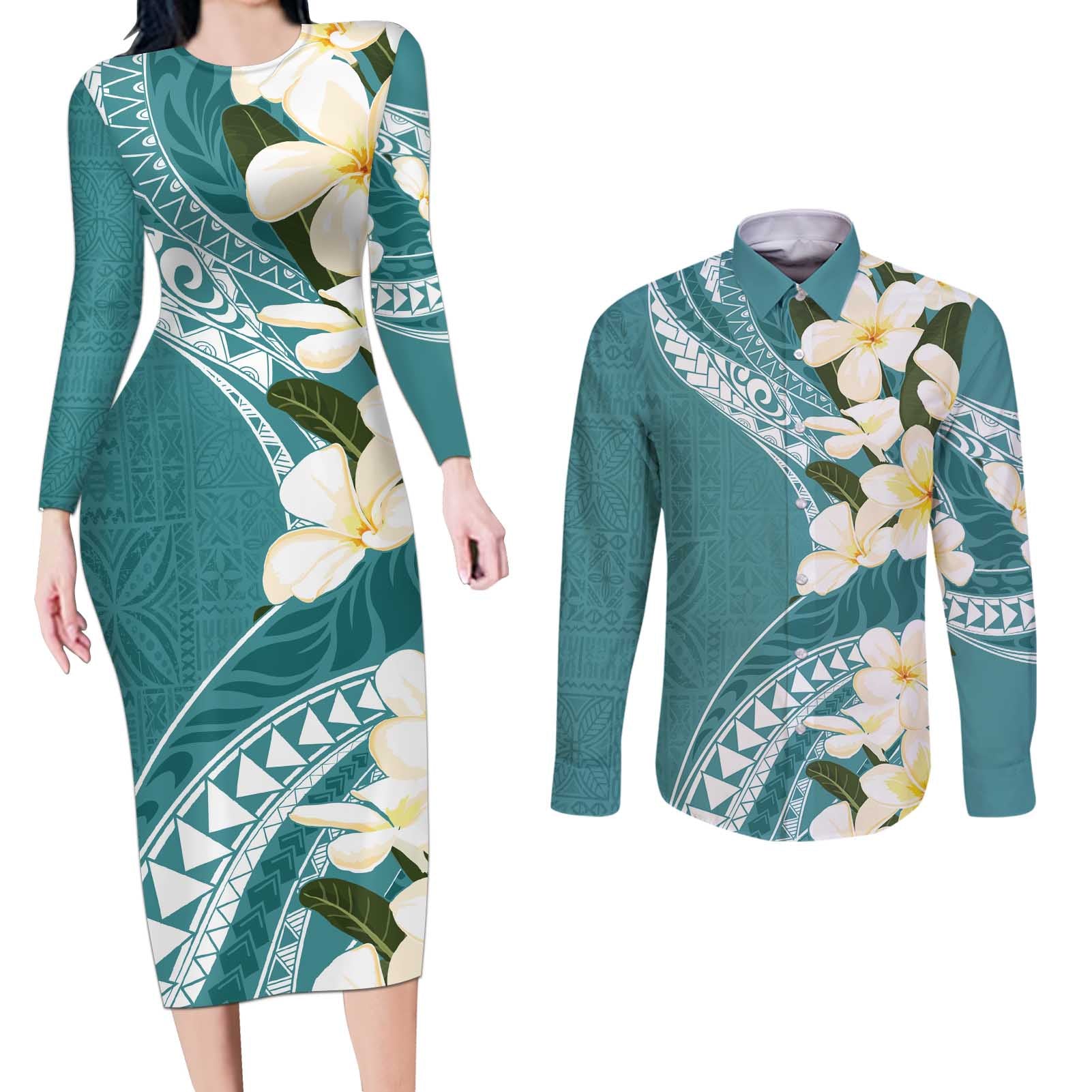 Aloha Hawaii Festive Couples Matching Long Sleeve Bodycon Dress and Long Sleeve Button Shirt Frangipani Lace Classic - Teal