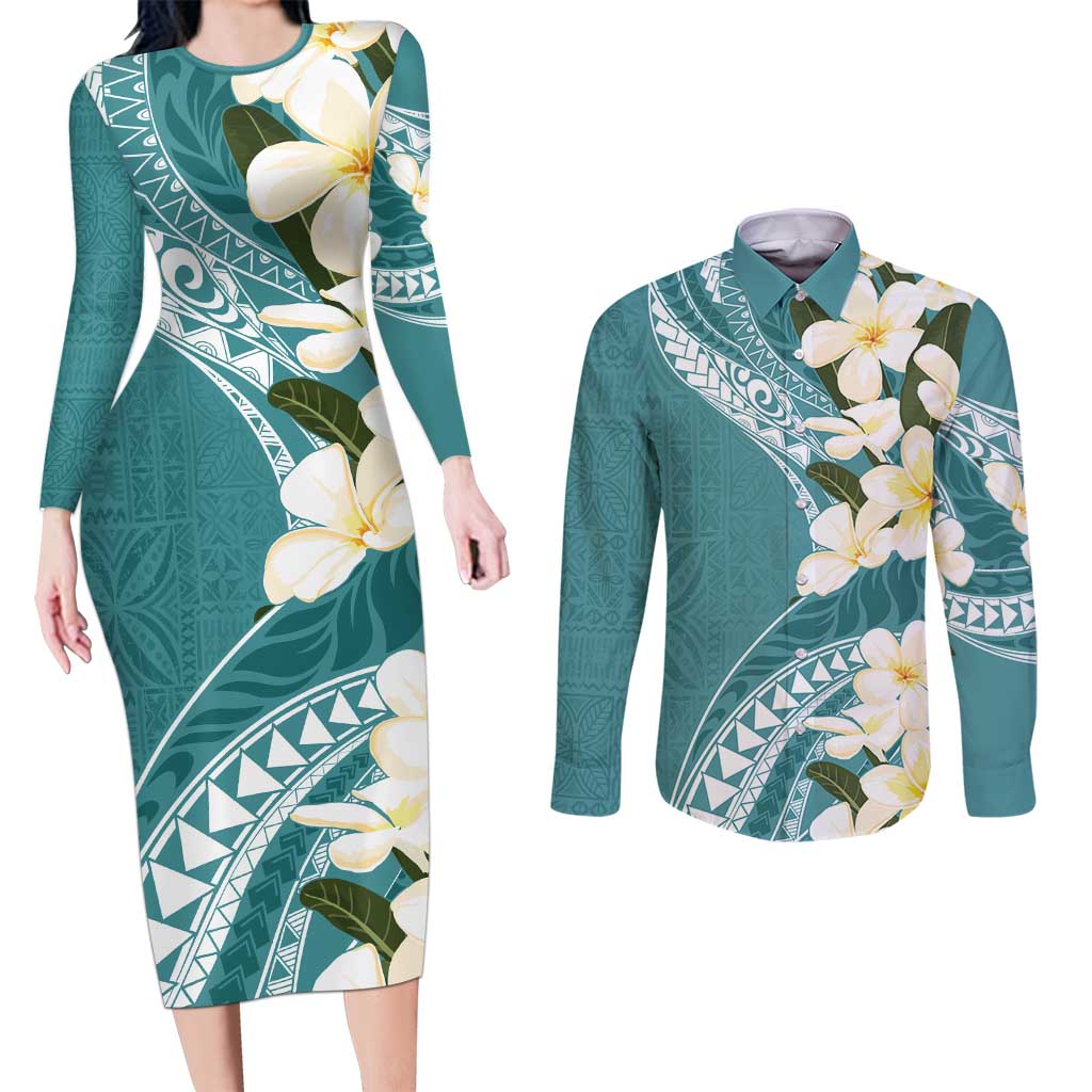 Aloha Hawaii Festive Couples Matching Long Sleeve Bodycon Dress and Long Sleeve Button Shirt Frangipani Lace Classic - Teal LT7