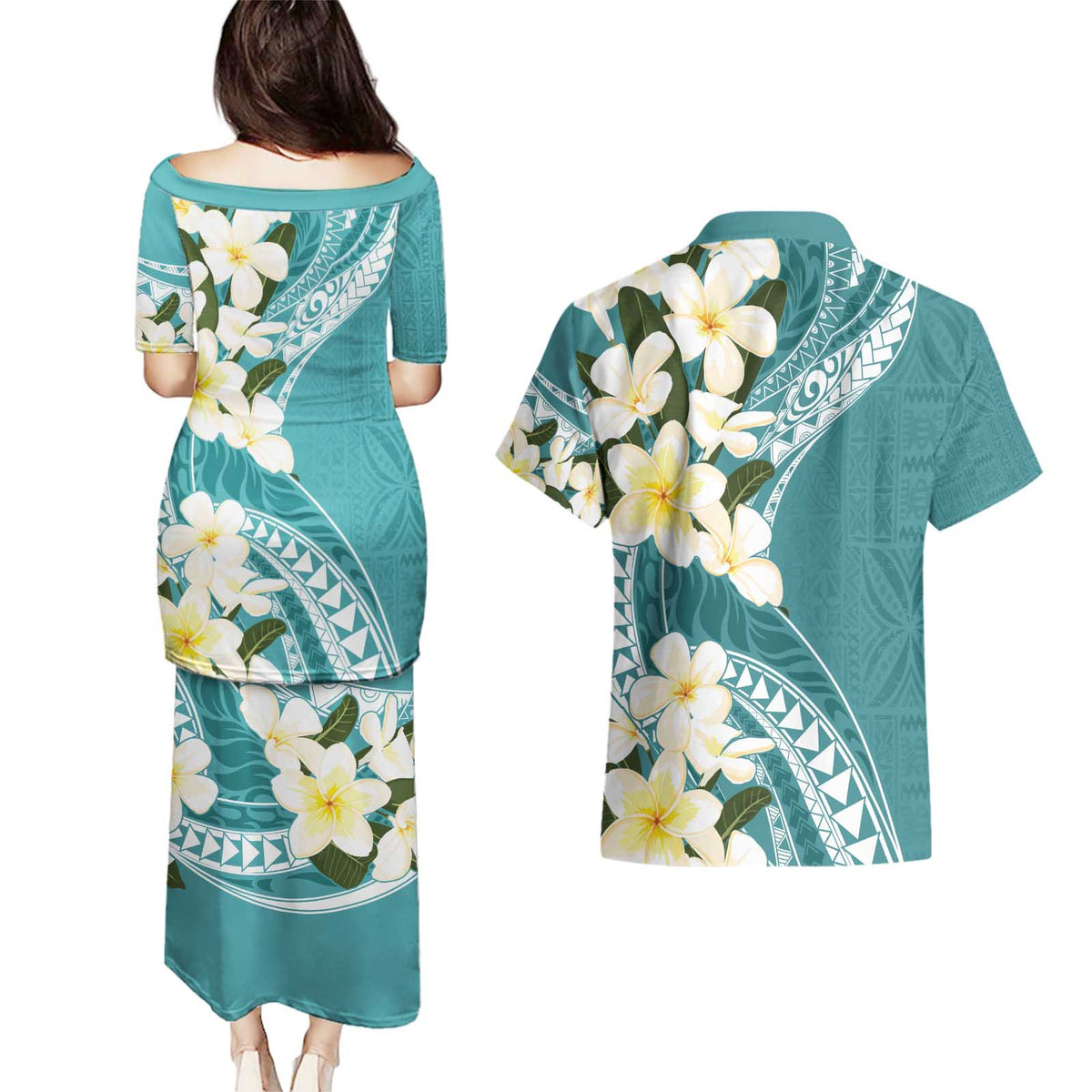 Aloha Hawaii Festive Couples Matching Puletasi and Hawaiian Shirt Frangipani Lace Classic - Teal