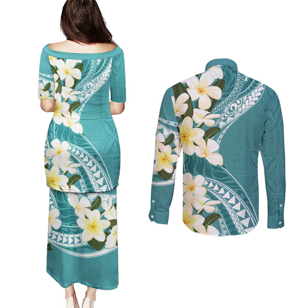 Aloha Hawaii Festive Couples Matching Puletasi and Long Sleeve Button Shirt Frangipani Lace Classic - Teal LT7 - Polynesian Pride