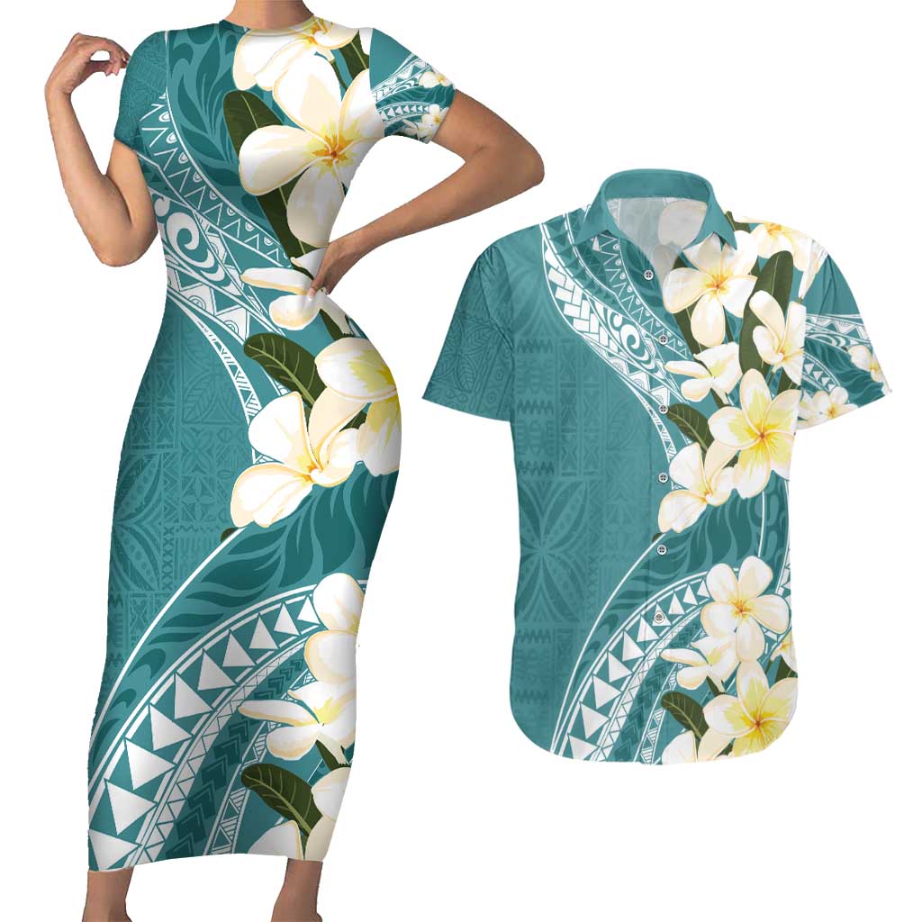 Aloha Hawaii Festive Couples Matching Short Sleeve Bodycon Dress and Hawaiian Shirt Frangipani Lace Classic - Teal